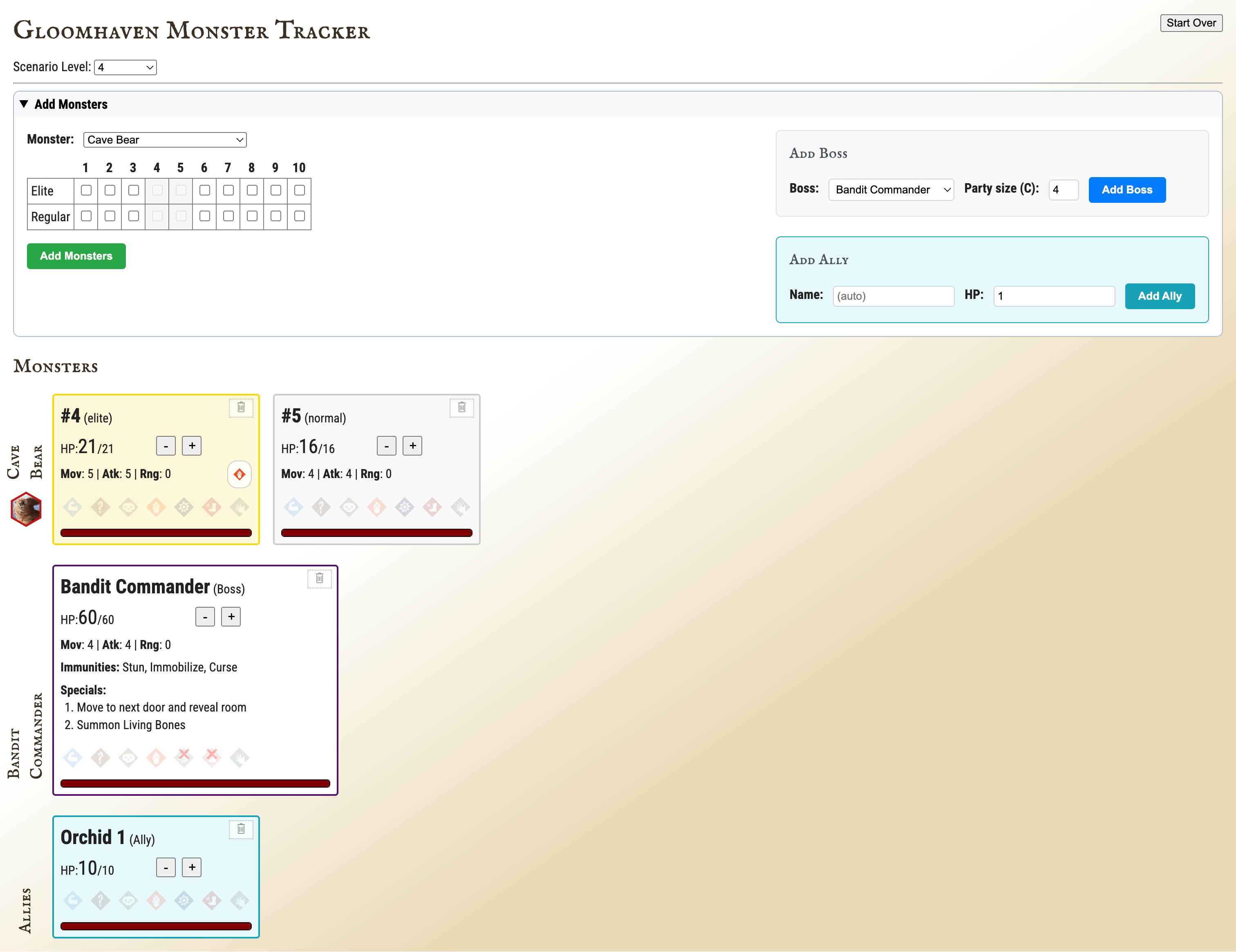 Screenshot of monster tracker